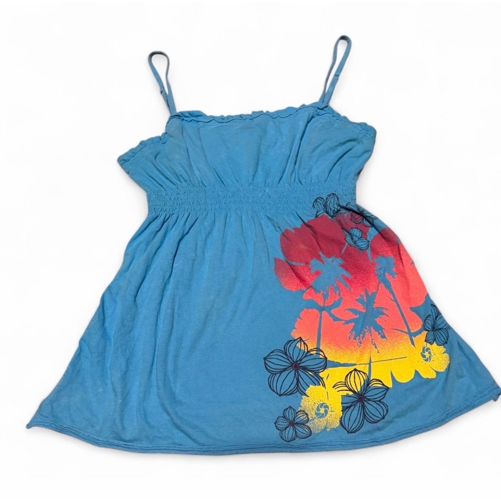 Y2K Arizona Jean Co Womens Large Blue Tropical Floral Palm Tree Tank Tunic Top